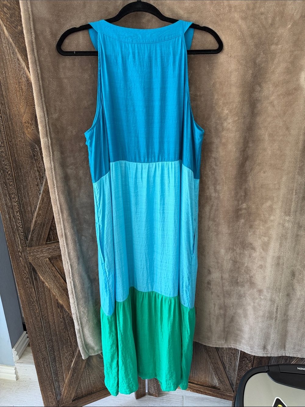 J Jill Sleeveless Colorblock Maxi Dress Pockets Teal Blue Green LP - Picture 8 of 11
